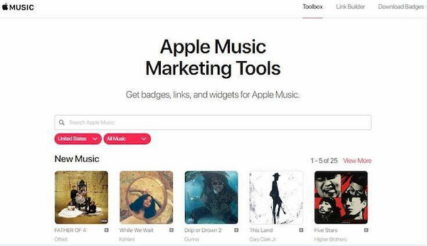 Pagina Web degli strumenti di marketing di Apple Music