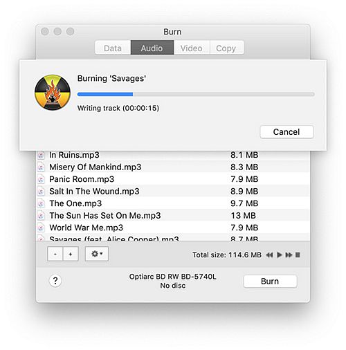 Запись Apple Music на компакт-диск в программе «Запись» на Mac