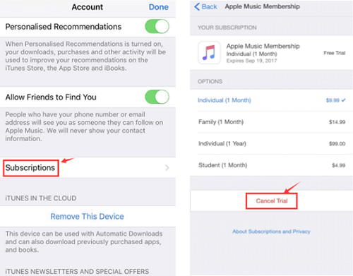 Cancele su prueba de música de Apple en iPhone