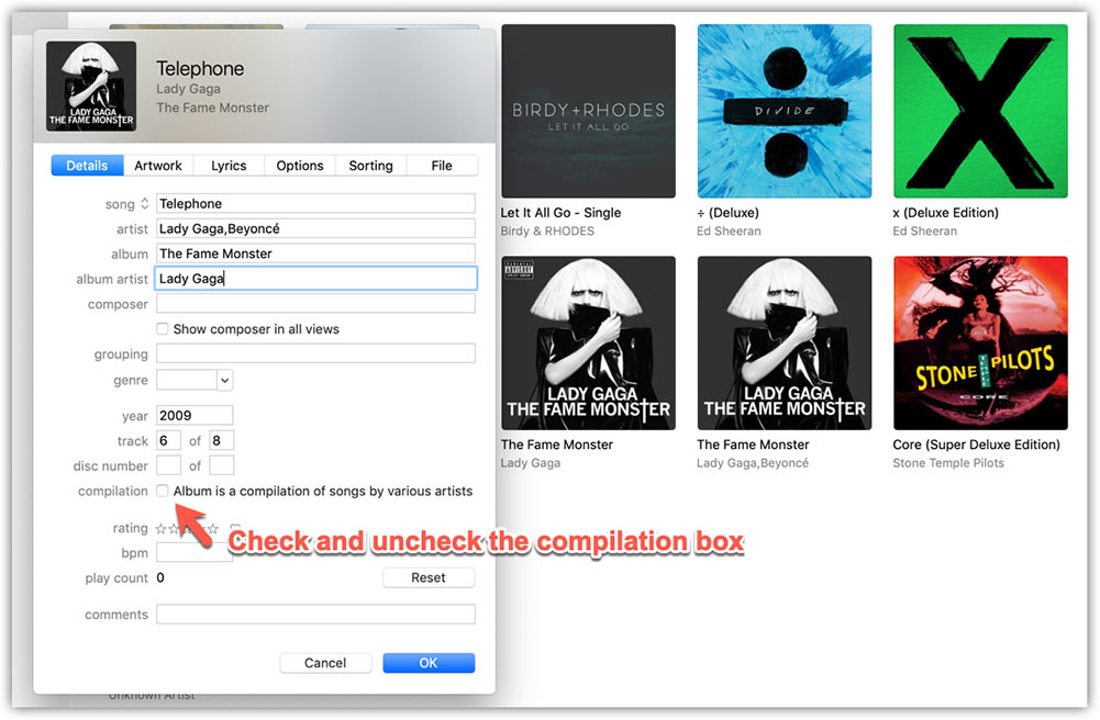 iTunes에서 Comilation Box 확인 및 선택 취소
