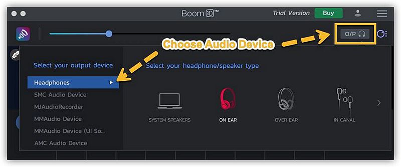 Escolha Dispositivo de áudio no Boom