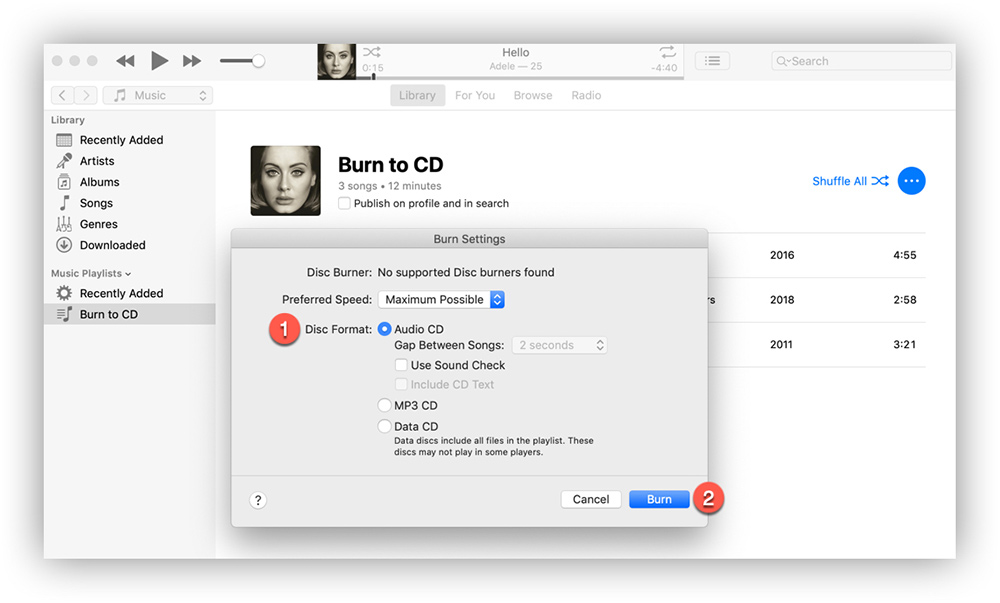 使用 iTunes 将 Apple Music 刻录到 CD