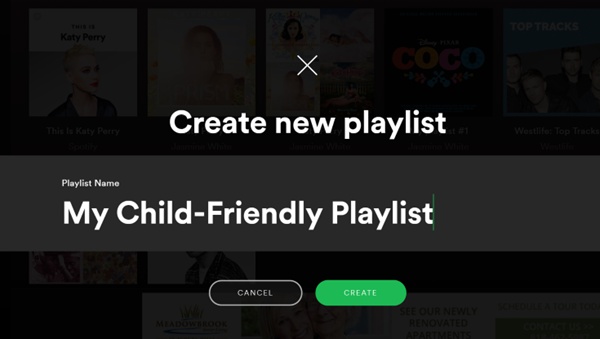Criar nova lista de reprodução amiga da criança Spotify