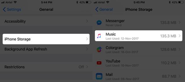 حذف iPhone Music على iPhone Storage