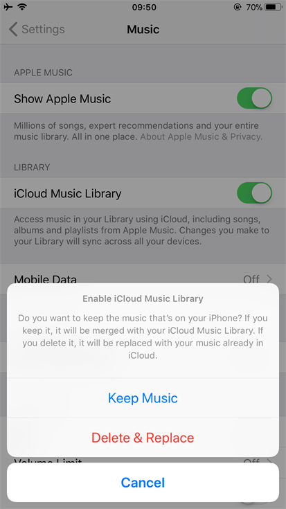 تمكين مكتبة الموسيقى على iCloud