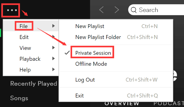 Ativar o Desktop da Sessão Privada do Spotify