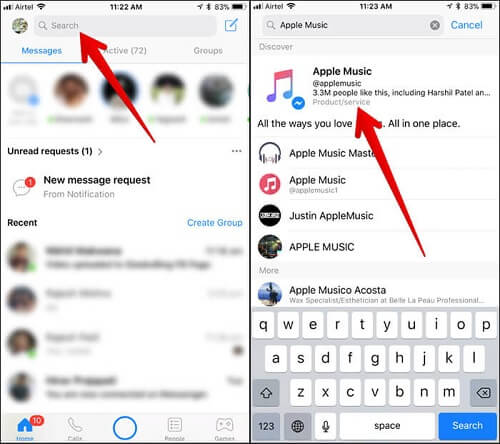 ابحث عن Apple Music في Messenger على iPhone