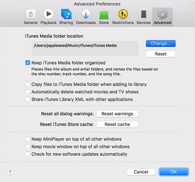 Mac의 iTunes 고급 환경 설정