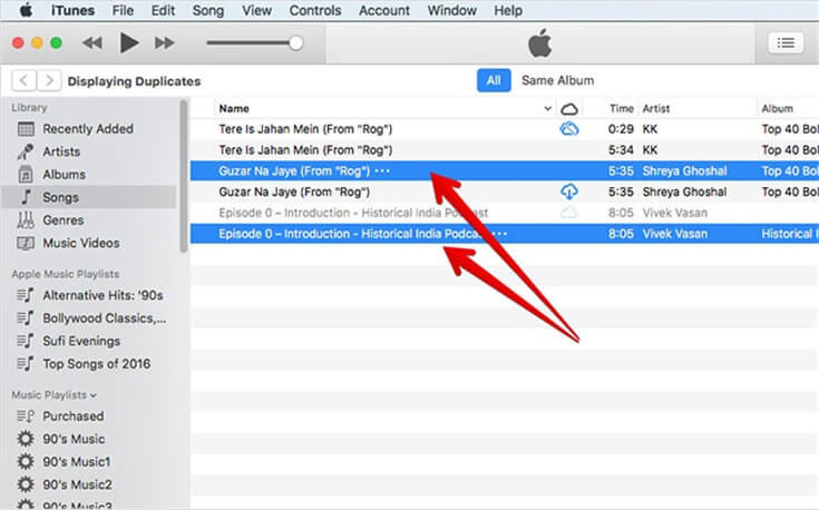 iTunes Seleziona brani duplicati