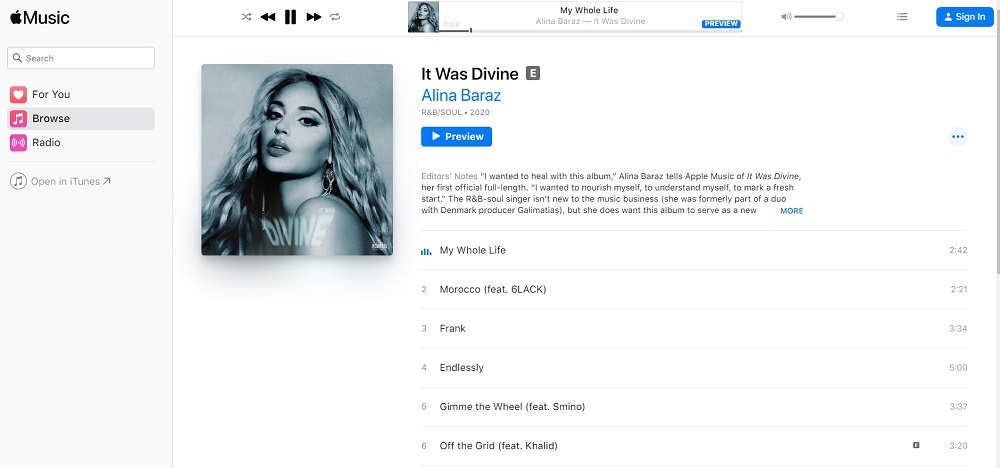 Apple Music 웹 버전의 트랙 미리보기