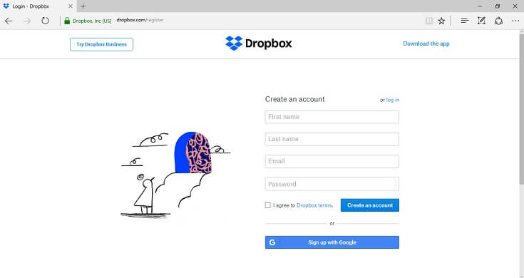 Login no site do Dropbox