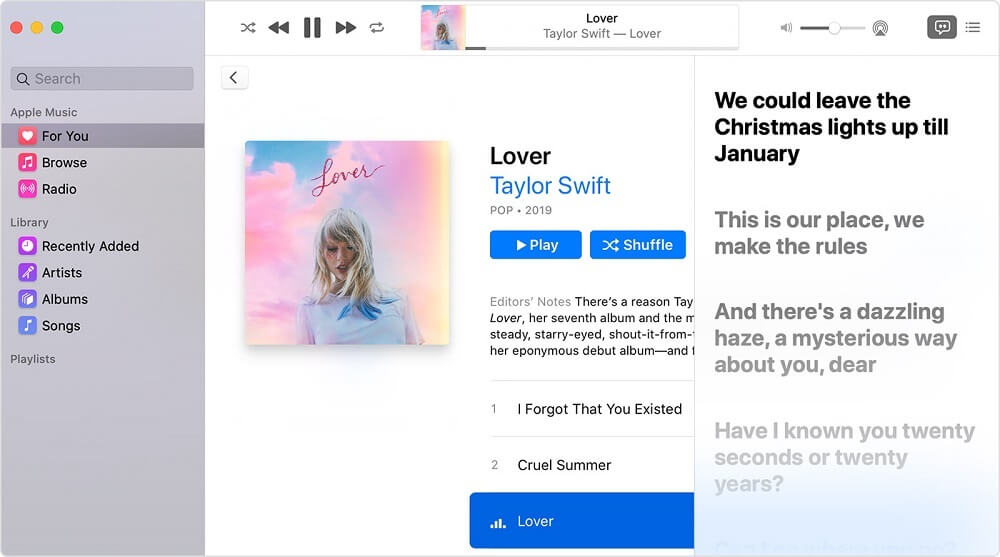 Интерфейс Apple Music Lyrics