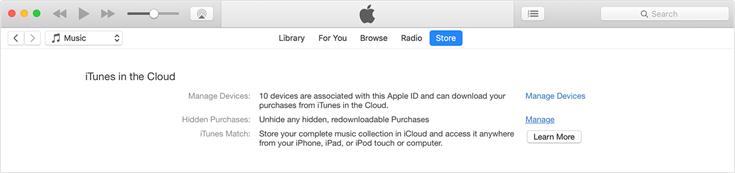 iTunes에서 숨겨진 구매 항목 관리