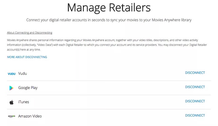 Movies Anywhere Manage Retailers