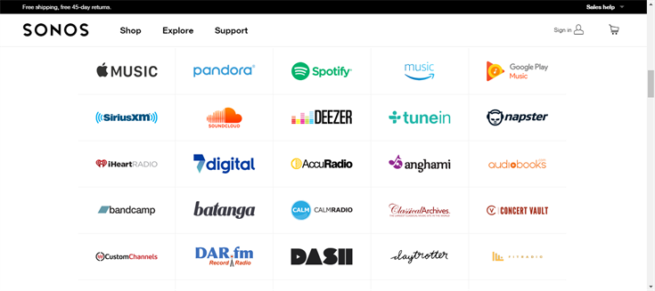 Serviços de música disponíveis em Sonos nos Estados Unidos