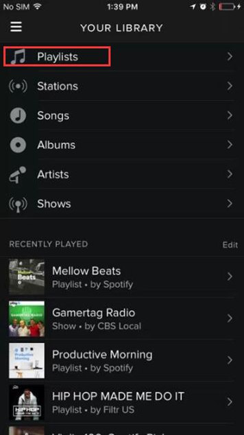 Проверьте загруженные плейлисты в приложении Spotify на iPhone