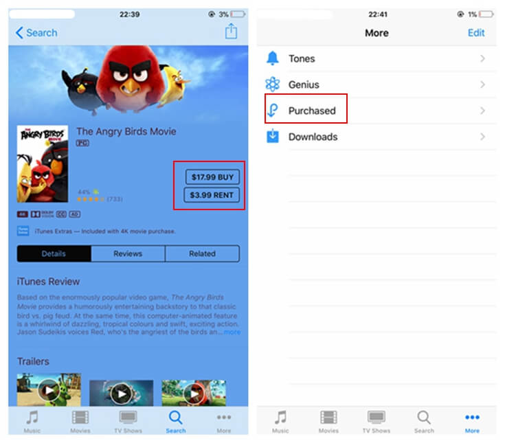 iTunes Store의 Angry Birds 영화 구입 또는 대여