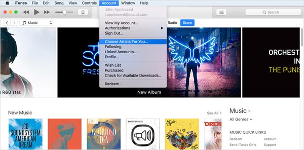 إعادة تعيين اقتراحات Apple Music على الكمبيوتر الشخصي