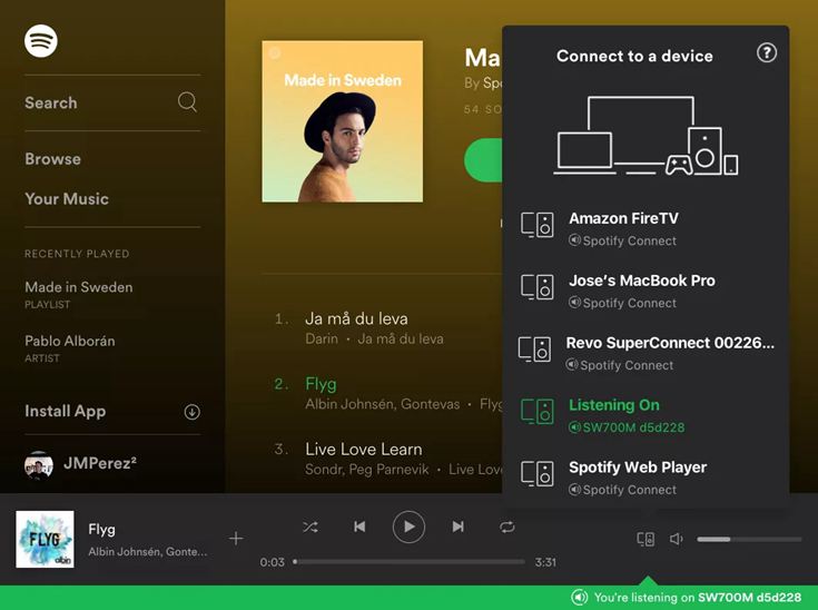 장치 선택 및 Spotify 재생