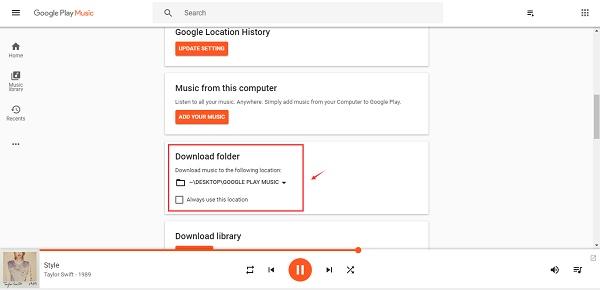 Установить папку загрузки в Google Play Музыка