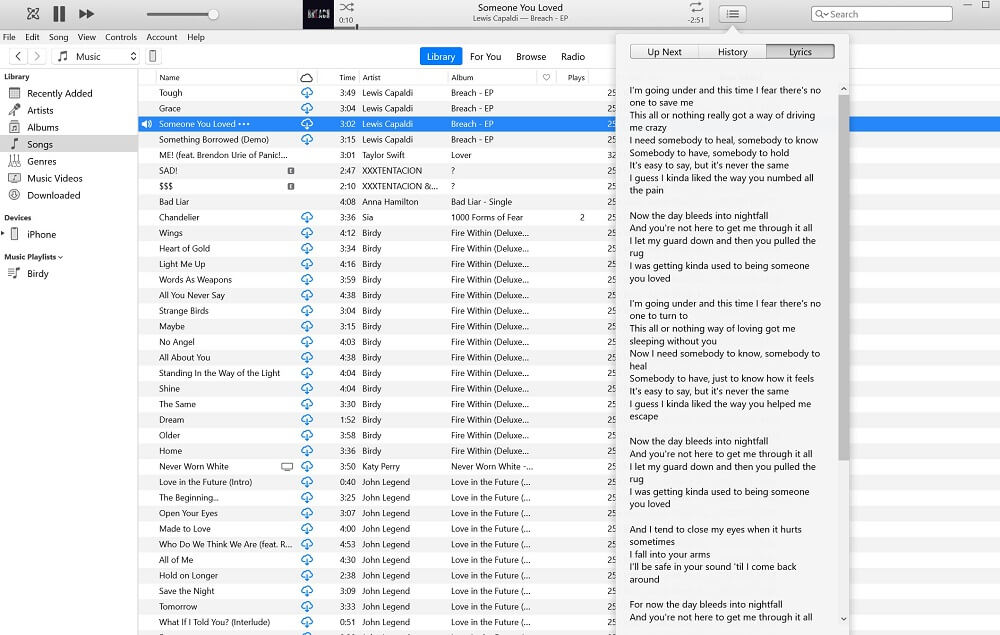 Letra da música Apple Music no Windows PC