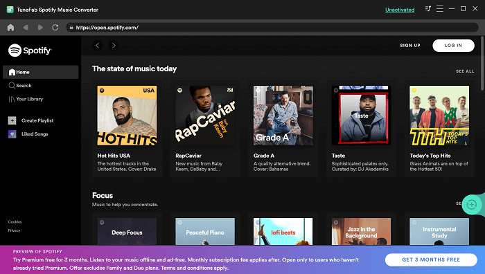 TuneFab Spotify 음악 변환기 V3.0.0의 기본 인터페이스