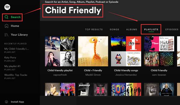 Spotify Search قائمة التشغيل ودية الطفل
