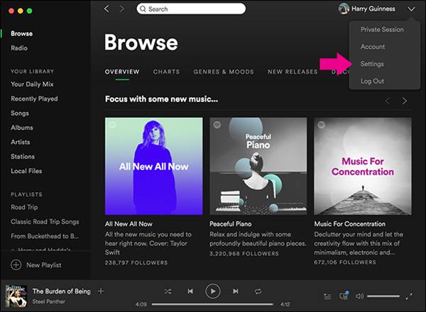 Interfaz de configuración de Spotify para computadora