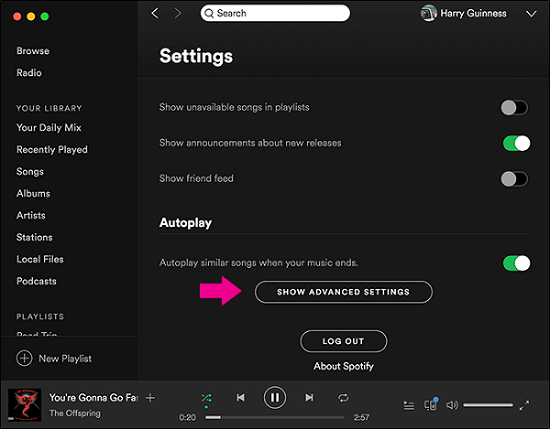 Spotify 고급 설정 표시