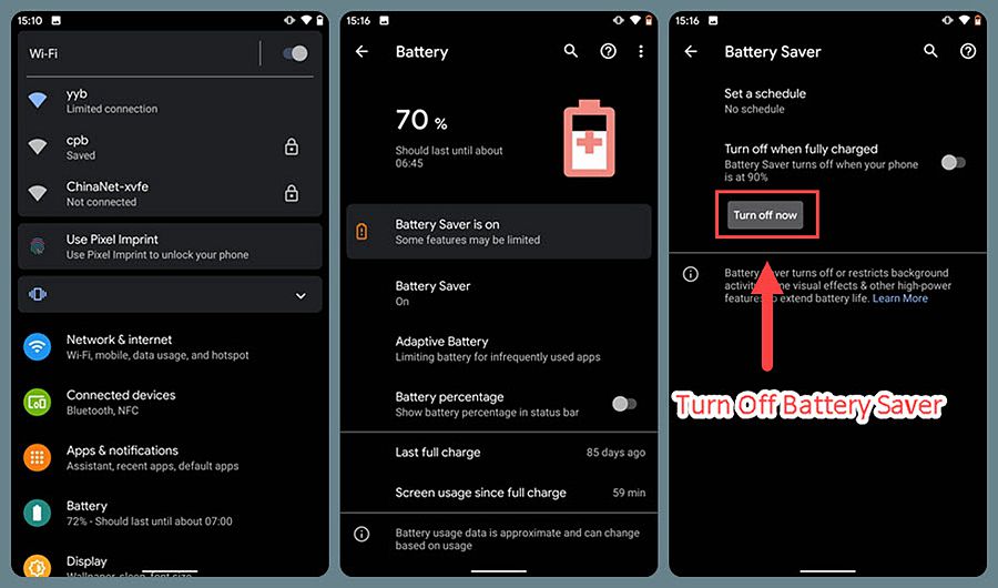 Schakel Low Battery Mode uit op Android