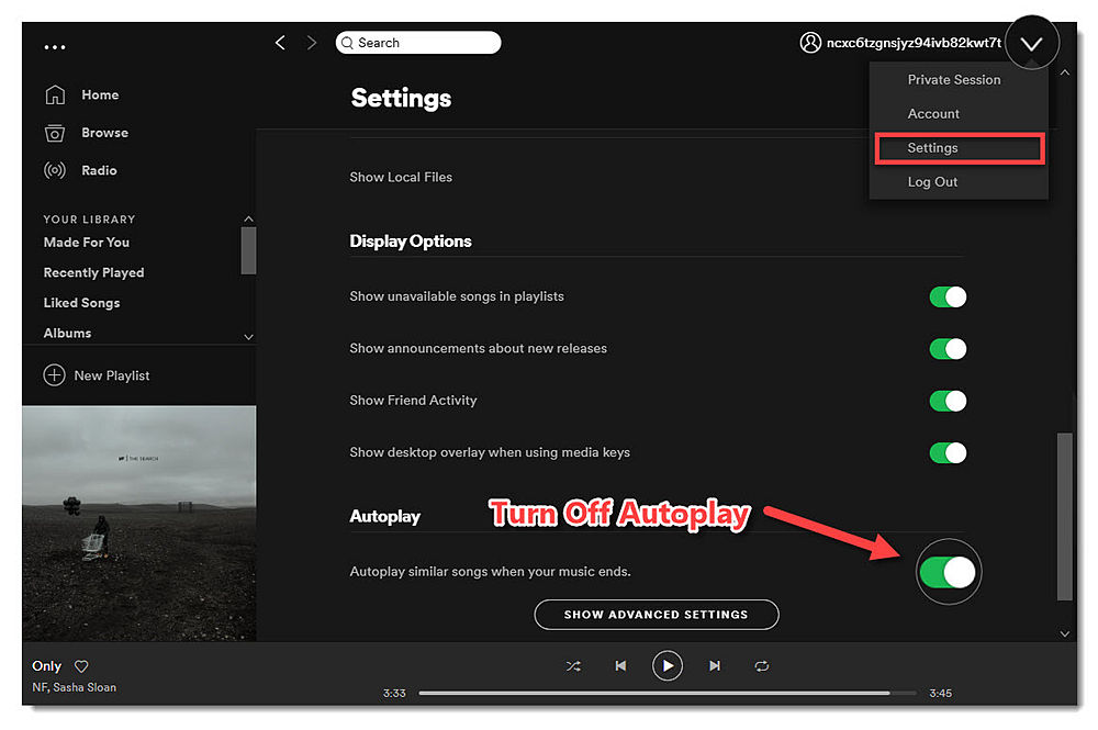Desactivar el modo de reproducción automática de Spotify