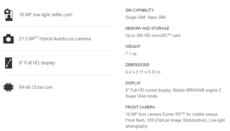 Especificación de Sony Xperia XA Ultra