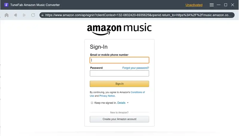 قم بتسجيل الدخول إلى Amazon Music Web Player في TuneFab