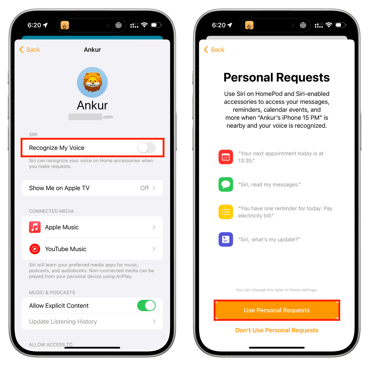 Enable Recognize My Voice and Personal Requests HomePod