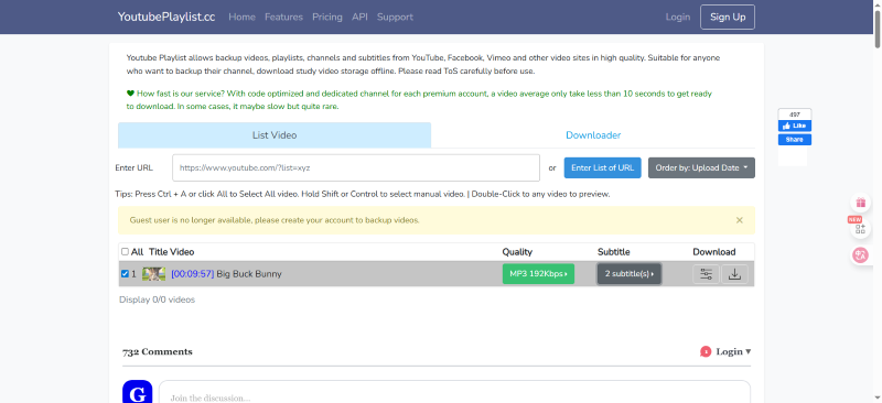 YouTubePlaylist.cc Download Playlist Interface