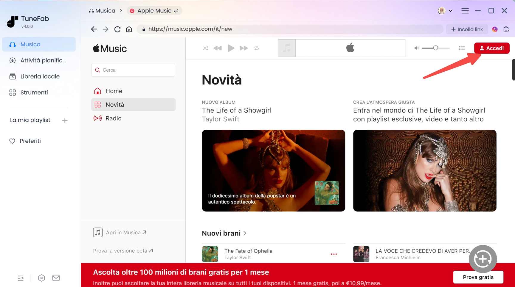Accedi a Apple Music Web Player