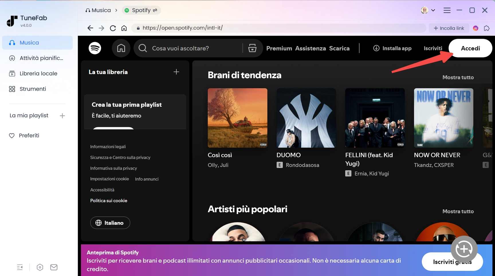 Accedi al lettore web Spotify su TuneFab
