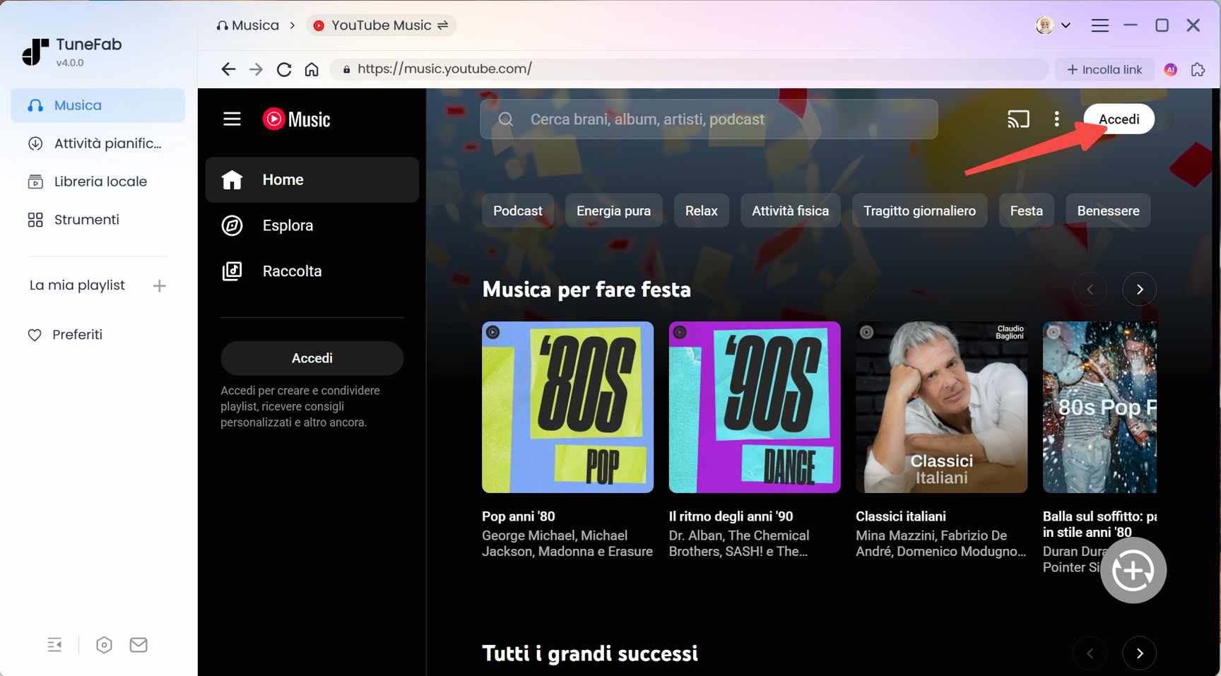 Accedi al tuo account YouTube Music per iniziare