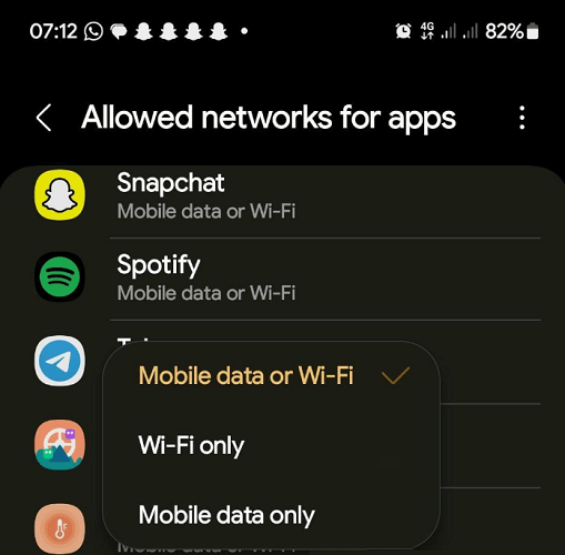 Setting Spotify mobile data access on Android