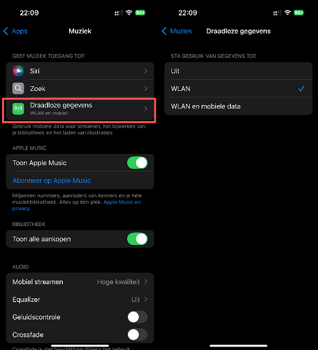 Blokkeer het gebruik van mobiele data door Apple Music
