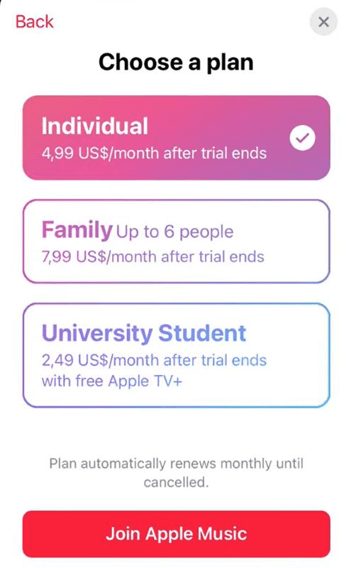 Apple Music Subscription Plan Selection iPhone