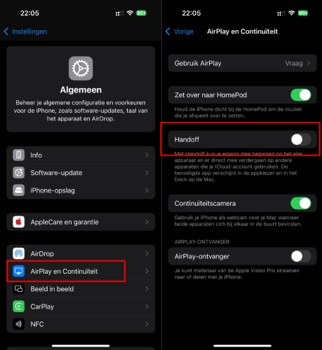 Handoff op iPhone uitschakelen
