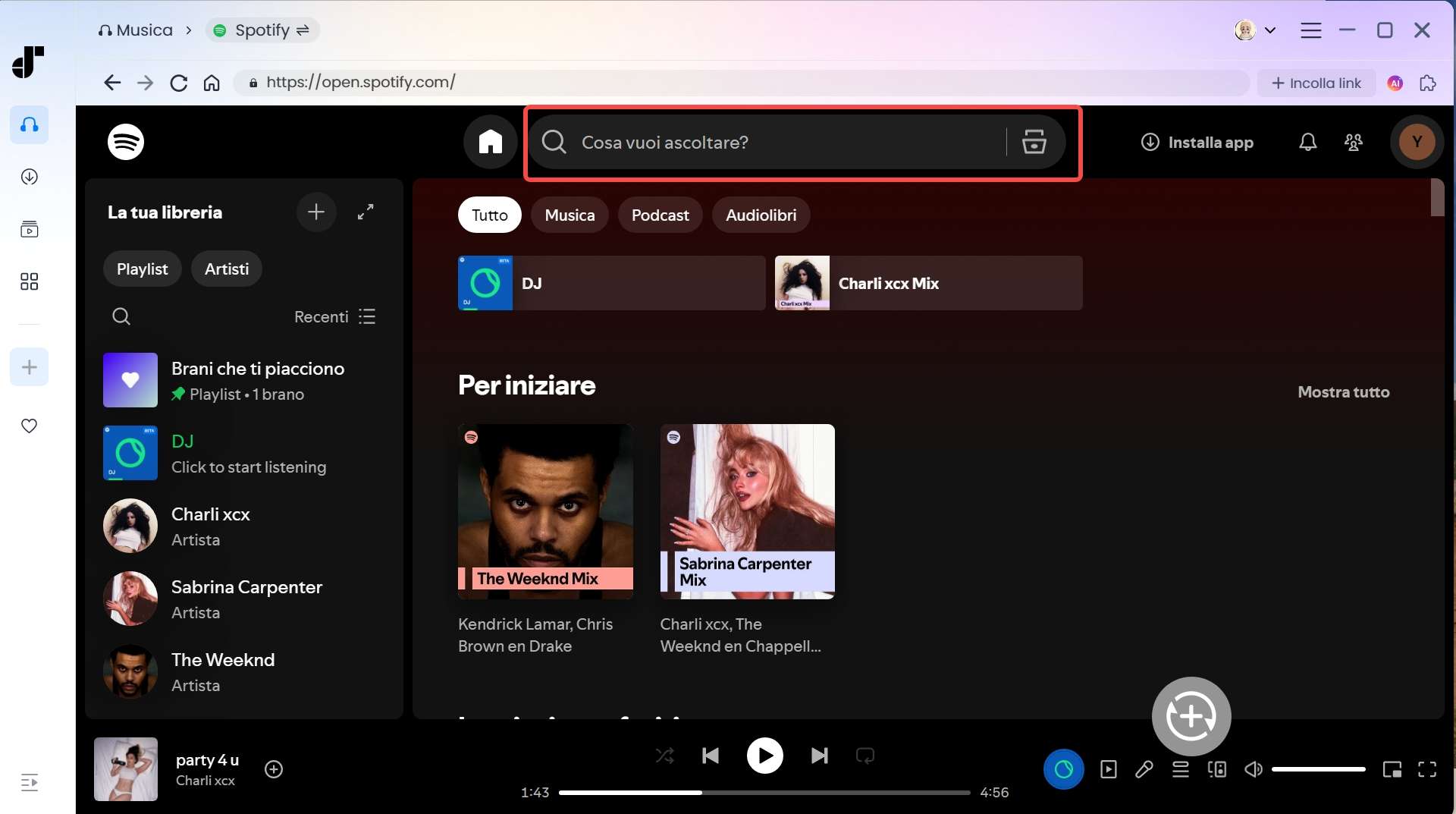 Cerca Spotify Music nel Web Player
