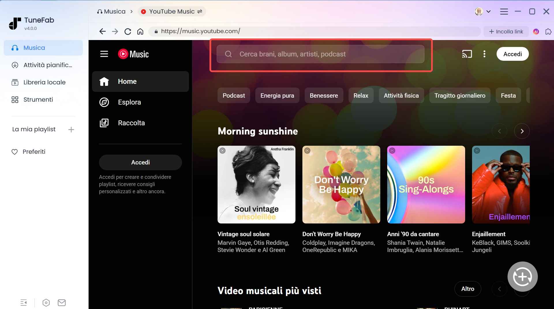 Cerca musica o video su YouTube