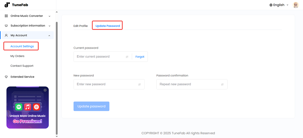 Reset TuneFab Account Password