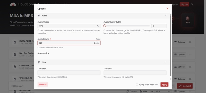 CloudConvert M4A to MP3 Converter Output Options