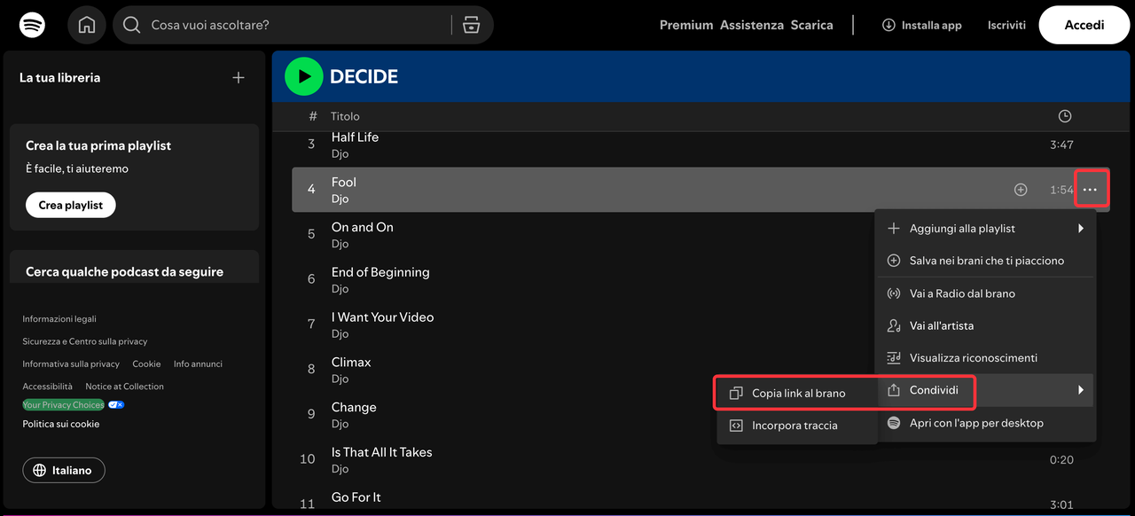 Clicca sull’icona con i tre puntini di Spotify e copia il link del brano