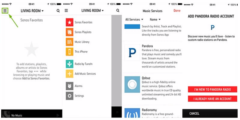 Add Pandora to Sonos on Phone