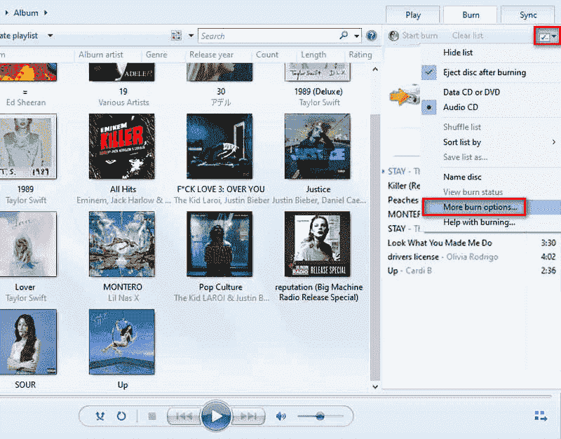 Customize Burning Parameters Windows Media Player
