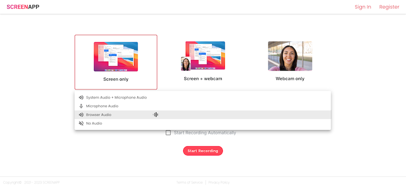 Select A Mode to Record Pandora Music in Screenapp